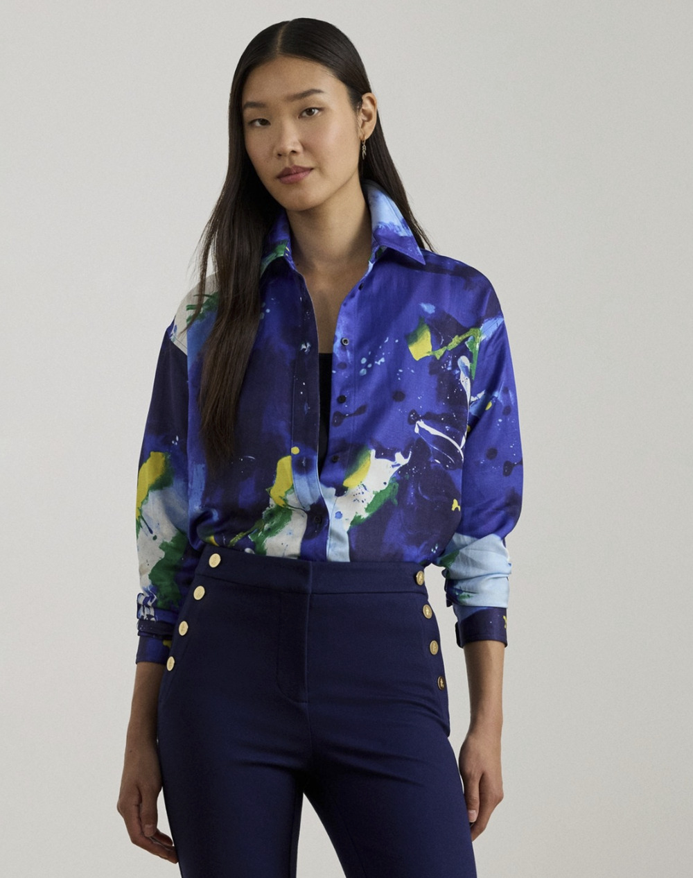Lauren Ralph Lauren Women Abstract Print Crepe Shirt Blue Multi Petite Size PM